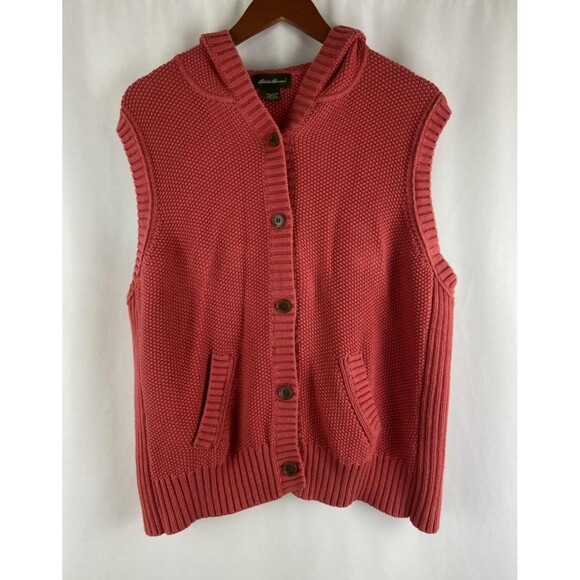 Eddie Bauer Women’s XXL Button Cardigan Pink Vest Hooded Outdoor Hiking *Stain* - Picture 1 of 10